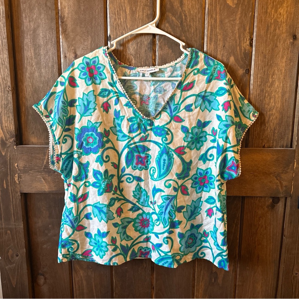 Emily Daniels Linen Blend Short Sleeve Lace Trimmed Floral Top size L
